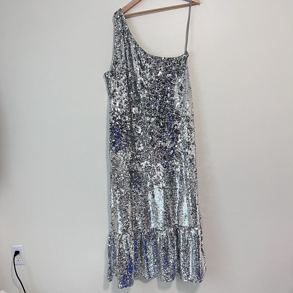 Anthropologie Maeve One-Shoulder Silver Sequin Maxi Dress XL Glam Party Cocktail - Picture 8 of 11